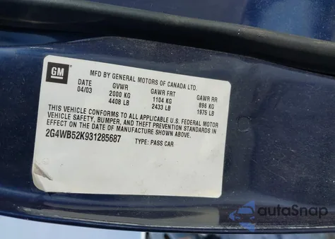 2003 Buick Regal Ls z USA, uszkodzony, nr VIN 2G4WB52K931285687